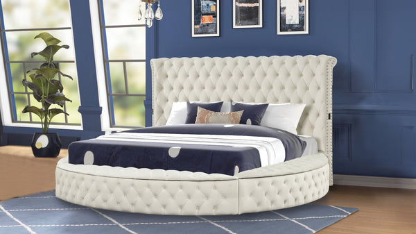 English Elm HAZEL King 4PC Bedroom Set Cream Velvet Tufted Headboard with Speakers, USB Ports & Storage B009S02070