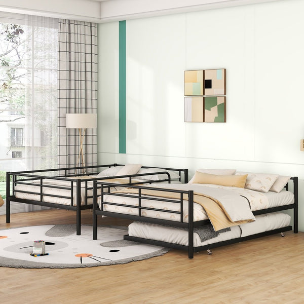 English Elm Full Over Iron Bunk Bed with Pull Out Trundle Three Sleeper Kids Guest Room Black LT000249AAB