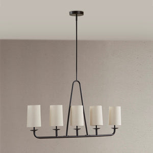 English Elm 5-Light Serenitie Linear Chandelier in Oil Rubbed Bronze with Tapered Drum Shades, Adjustable Height & Sloped Ceiling Compatible B035129484