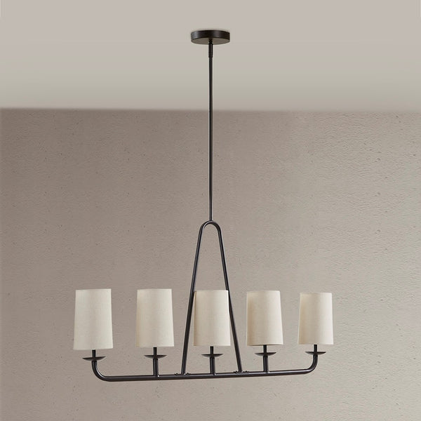 English Elm 5-Light Serenitie Linear Chandelier in Oil Rubbed Bronze with Tapered Drum Shades, Adjustable Height & Sloped Ceiling Compatible B035129484