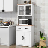Hearth and Haven Wooden Kitchen Cabinet White Pantry Room Storage Microwave Cabinet with Framed Glass Doors and Drawer W409S00002