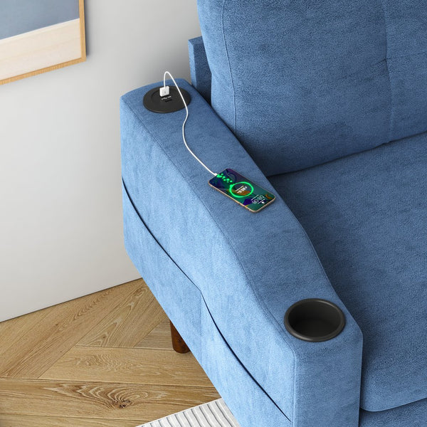 English Elm Convertible Convertible sofa with USB port, cup holder, storage ottoman and durable metal frame for compact spaces Navy Blue W2012126503