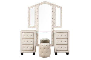 English Elm Sophia Crystal Tufted Queen Bedroom Set - Elegant 4 Pc Vanity Collection In Cream Wood Finish B009S01968-GIGA