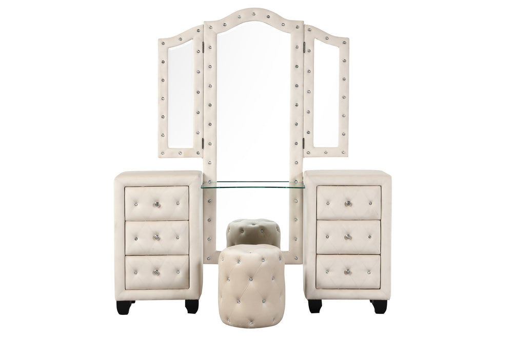 English Elm Modern Crystal-Tufted 6-Drawer Vanity Set With Stool In Cream Velvet - Stylish Storage & Glamour B009S01684