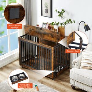 English Elm Furniture Style Dog Crate Side Table With Feeding Bowl, Wheels, Three Doors, Flip-Up Top Opening. Indoor, Rustic Brown, 43.7"W X 30"D X 33.7"H