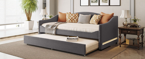 English Elm Teddy Twin Upholstered Daybed with Trundle and Embossed Stripe Accents, Plush Teddy Fleece Comfort Gray SF000065AAE