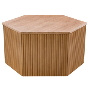 English Elm Fluted Hexagon Wood Coffee Table with Carved Fluted Exterior, Oak Grain Finish, Modular Hollow Design B035129481
