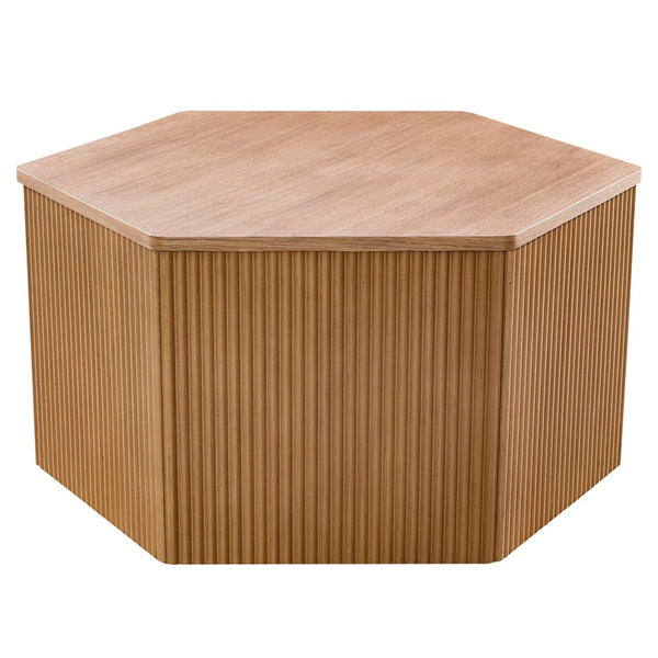 English Elm Fluted Hexagon Wood Coffee Table with Carved Fluted Exterior, Oak Grain Finish, Modular Hollow Design B035129481