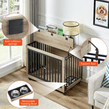 Grey Dog Crate Side Table w/ Feeding Bowl, Wheels, 3 Doors, Flip-Up Top. Indoor, 38.58