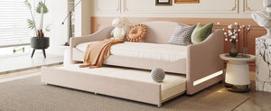 English Elm Teddy Twin Upholstered Daybed with Trundle and Embossed Stripe Accents, Plush Teddy Fleece Comfort Beige SF000065AAA