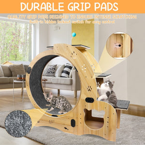 English Elm Cat Exercise Wheel 6in1 Wood Treadmill with Silent Pulleys House Shelf Feeding Station W1790133437
