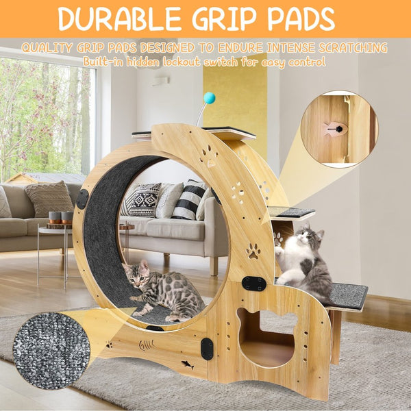 English Elm Cat Exercise Wheel 6in1 Wood Treadmill with Silent Pulleys House Shelf Feeding Station W1790133437