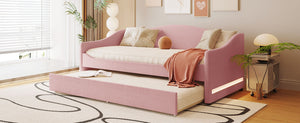 English Elm Teddy Twin Upholstered Daybed with Trundle and Embossed Stripe Accents, Plush Teddy Fleece Comfort Pink SF000065AAH