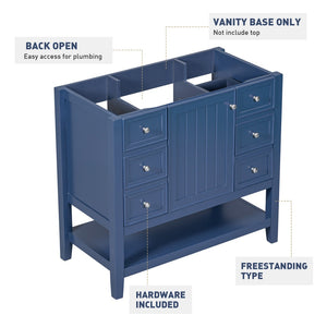 English Elm 36" Bathroom Vanity Without Sink, Cabinet Base Only, One Cabinet and Three Drawers, Blue