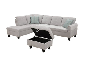 English Elm Alger Linen-Blend 98" Left-Facing Sofa & Chaise with Storage Ottoman, Tufted Back & Nailhead Trim Light Gray B102S00051