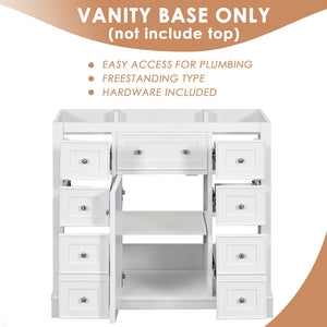 English Elm 36" Solid Wood Bathroom Vanity Base with 6 Drawers & 1 Door, Modern Freestanding Cabinet, Undermount-Compatible White WF306253AAK