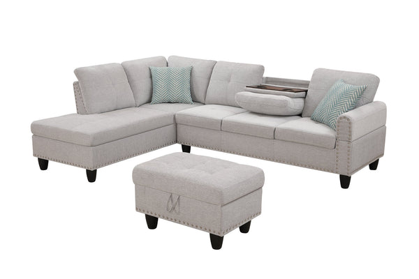 English Elm Alger Linen-Blend 98" Left-Facing Sofa & Chaise with Storage Ottoman, Tufted Back & Nailhead Trim Light Gray B102S00051