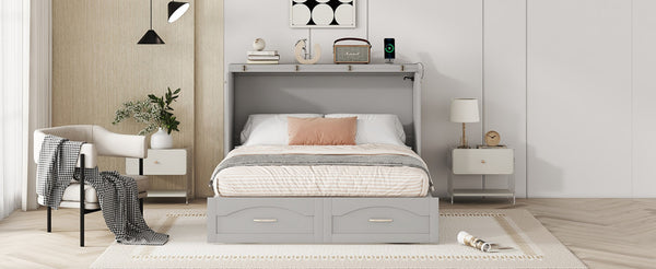 English Elm Full Size Murphy Wall Bed with Storage Drawers Usb Charging Ports and Pulley Mechanism Gray LP100670AAE