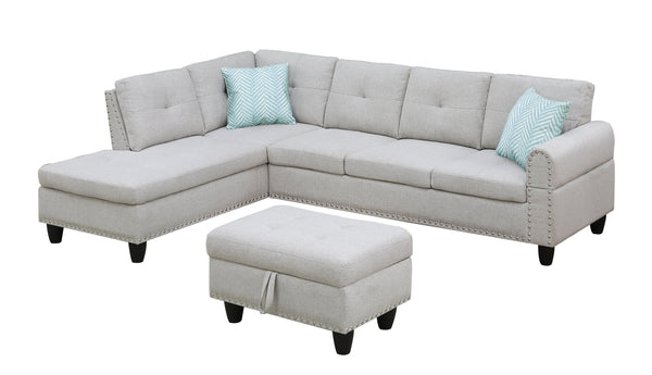 English Elm Alger Linen-Blend 98" Left-Facing Sofa & Chaise with Storage Ottoman, Tufted Back & Nailhead Trim Light Gray B102S00051