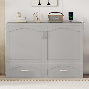 English Elm Full Size Murphy Wall Bed with Storage Drawers Usb Charging Ports and Pulley Mechanism Gray LP100670AAE