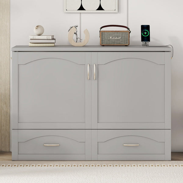 English Elm Full Size Murphy Wall Bed with Storage Drawers Usb Charging Ports and Pulley Mechanism Gray LP100670AAE