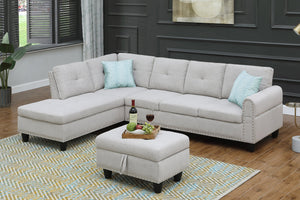 English Elm Alger Linen-Blend 98" Left-Facing Sofa & Chaise with Storage Ottoman, Tufted Back & Nailhead Trim Light Gray B102S00051