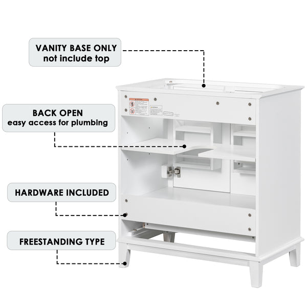 English Elm 30" Bathroom Vanity Base Only Modern Freestanding Cabinet with Doors Drawer Solid Wood MDF Frame, Paint Finish White WF306250AAK