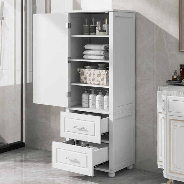 English Elm Tall Freestanding Bathroom Cabinet White Mdf Two Drawers Adjustable Shelving Storage WF312728AAK
