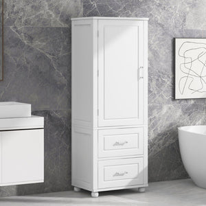 English Elm Tall Freestanding Bathroom Cabinet White Mdf Two Drawers Adjustable Shelving Storage WF312728AAK