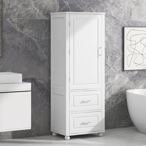English Elm Tall Freestanding Bathroom Cabinet White Mdf Two Drawers Adjustable Shelving Storage WF312728AAK
