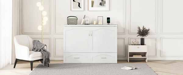 English Elm Full Size Murphy Wall Bed with Storage Drawers Usb Charging Ports and Pulley Mechanism White LP100670AAK