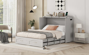English Elm Full Size Murphy Wall Bed with Storage Drawers Usb Charging Ports and Pulley Mechanism Gray LP100670AAE