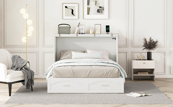 English Elm Full Size Murphy Wall Bed with Storage Drawers Usb Charging Ports and Pulley Mechanism White LP100670AAK