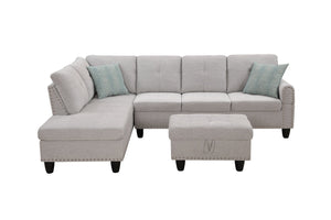 English Elm Alger Linen-Blend 98" Left-Facing Sofa & Chaise with Storage Ottoman, Tufted Back & Nailhead Trim Light Gray B102S00051