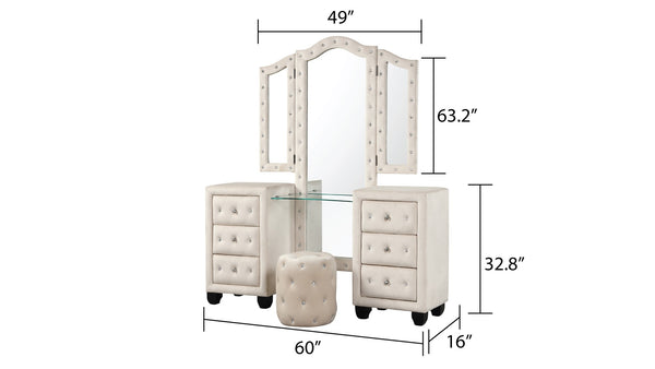 English Elm Sophia Crystal Tufted Queen 5 Pc Bedroom Set, Solid Wood In Cream - Glamorous Vanity & Storage Solutions B009S01974-GIGA