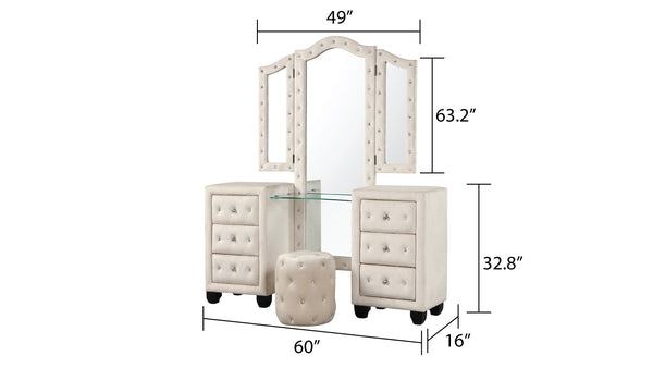 English Elm Modern Crystal Tufted 6-Drawer Vanity Set With Mirror & Stool In Cream Velvet - Stylish Storage Solution B009S01683
