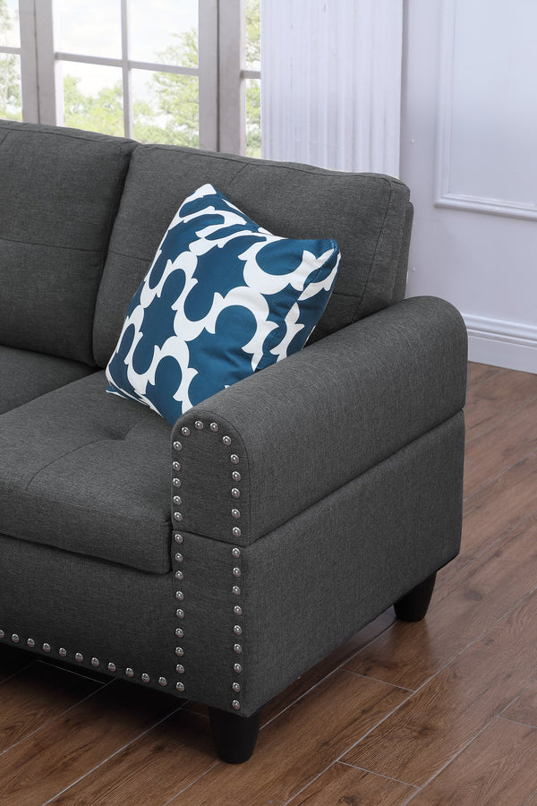 English Elm Alger Linen-Blend 98" Left-Facing Sofa & Chaise with Storage Ottoman, Tufted Back & Nailhead Trim Dark Gray B102S00053