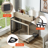 English Elm Furniture Style Dog Crate Side Table With Rotatable Feeding Bowl, Wheels, Three Doors, Flip-Up Top Opening. Indoor, Grey, 43.7"W X 30"D X 33.7"H