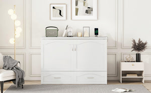 English Elm Full Size Murphy Wall Bed with Storage Drawers Usb Charging Ports and Pulley Mechanism White LP100670AAK