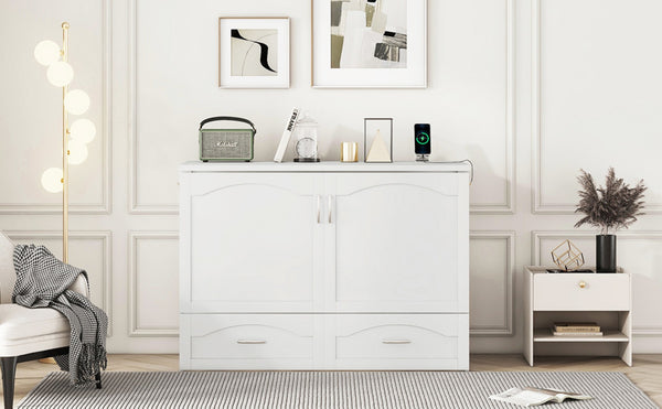 English Elm Full Size Murphy Wall Bed with Storage Drawers Usb Charging Ports and Pulley Mechanism White LP100670AAK