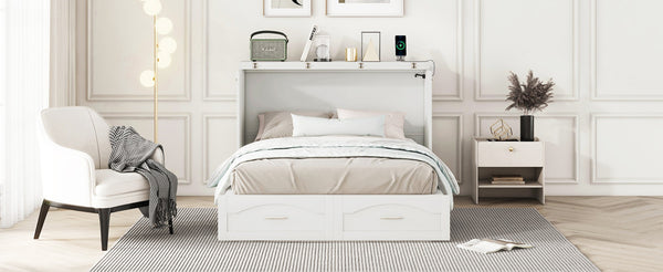 English Elm Full Size Murphy Wall Bed with Storage Drawers Usb Charging Ports and Pulley Mechanism White LP100670AAK