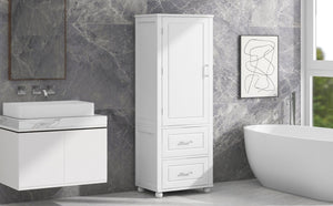 English Elm Tall Freestanding Bathroom Cabinet White Mdf Two Drawers Adjustable Shelving Storage WF312728AAK