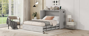 English Elm Full Size Murphy Wall Bed with Storage Drawers Usb Charging Ports and Pulley Mechanism Gray LP100670AAE