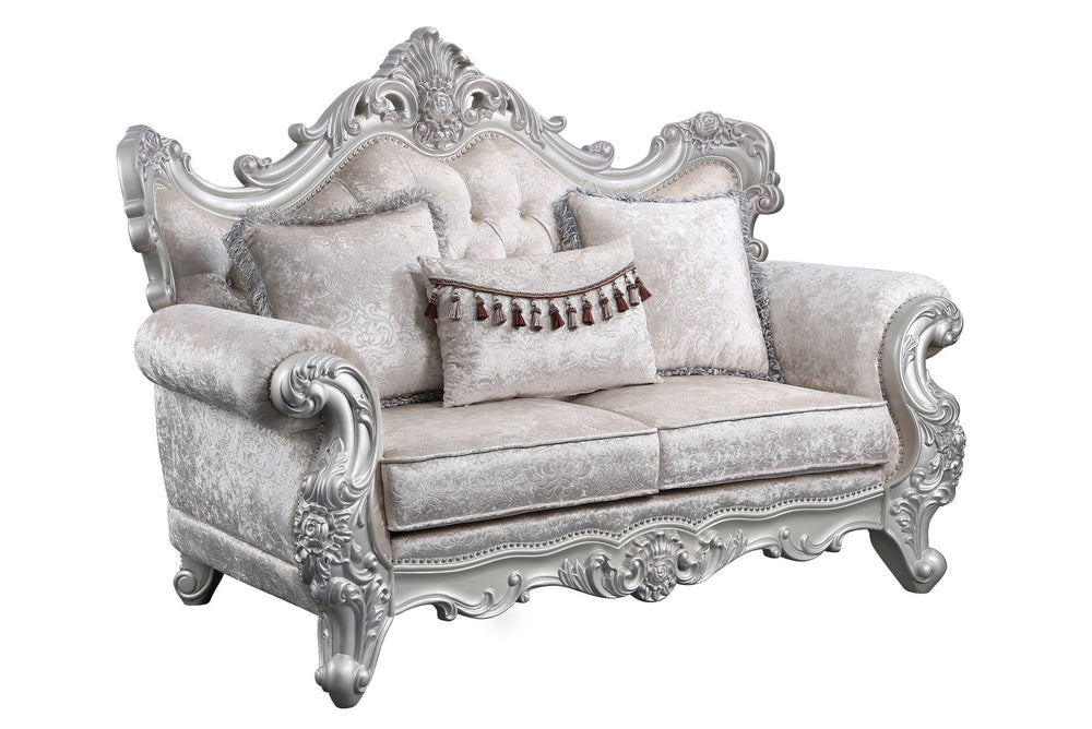English Elm Melrose Champagne & Silver Brush Traditional Loveseat with 3 Plush Pillows — Cozy Elegant Seating for Intimate Spaces B009138494