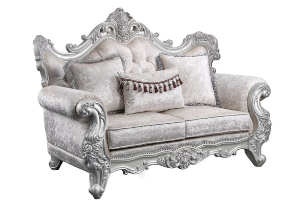 English Elm Melrose 5PC Living Room Set in Champagne Wood with Silver Brush Accents, Plush Pillows & Tables B009S01334