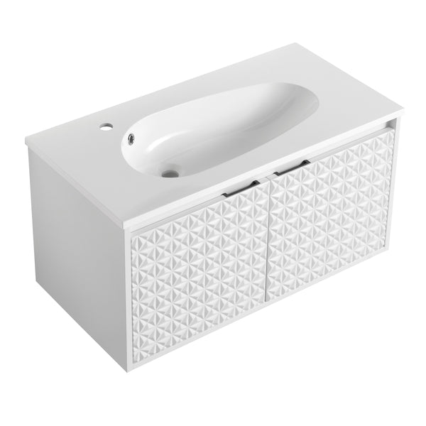 English Elm 36" Drop-Shaped Resin Sink 36" Single-Hole Bathroom Basin with Overflow, Modern Curved Vanity Top, Durable W999104560