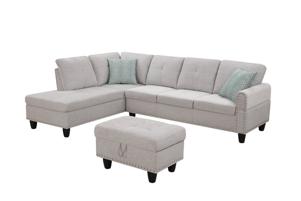 English Elm Alger Linen-Blend 98" Left-Facing Sofa & Chaise with Storage Ottoman, Tufted Back & Nailhead Trim Light Gray B102S00051