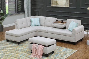 English Elm Alger Linen-Blend 98" Left-Facing Sofa & Chaise with Storage Ottoman, Tufted Back & Nailhead Trim Light Gray B102S00051