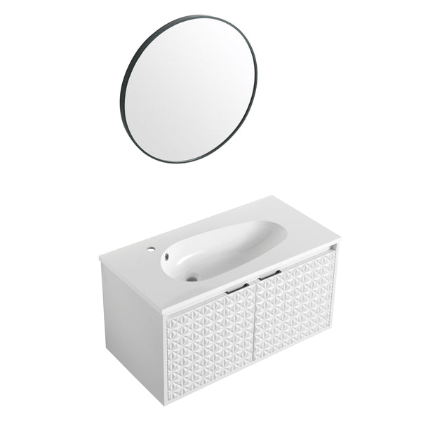 English Elm 36" Drop-Shaped Resin Sink 36" Single-Hole Bathroom Basin with Overflow, Modern Curved Vanity Top, Durable W999104560