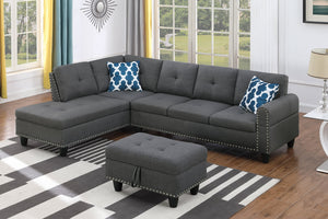 English Elm Alger Linen-Blend 98" Left-Facing Sofa & Chaise with Storage Ottoman, Tufted Back & Nailhead Trim Dark Gray B102S00053